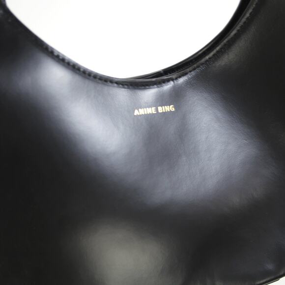 Anine Bing Luna Soft Smooth Black Leather Shoulder Handbag Gold Logo Croissant - Picture 4 of 8